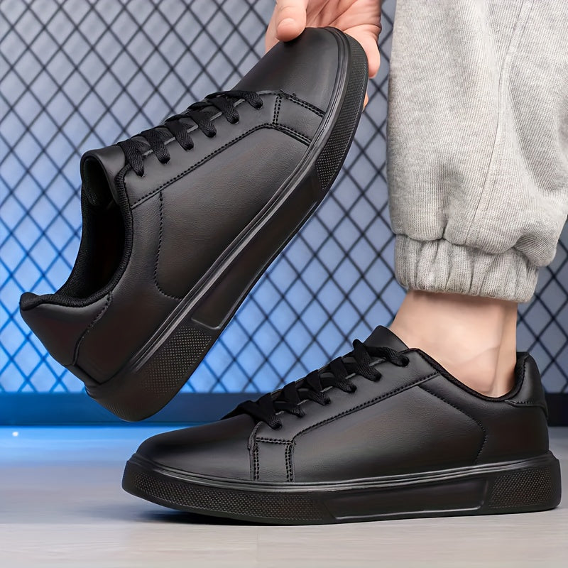 [1 Pair Men'S Black Faux Sneakers] 1 Pair Men'S Classic Black Faux Low-Top Sneakers, Round Toe, Casual Sports Style, All-Season Slip-Resistant Durable Shoes with EVA Sole, Breathable Fabric Lining, Lace-Up Closure
