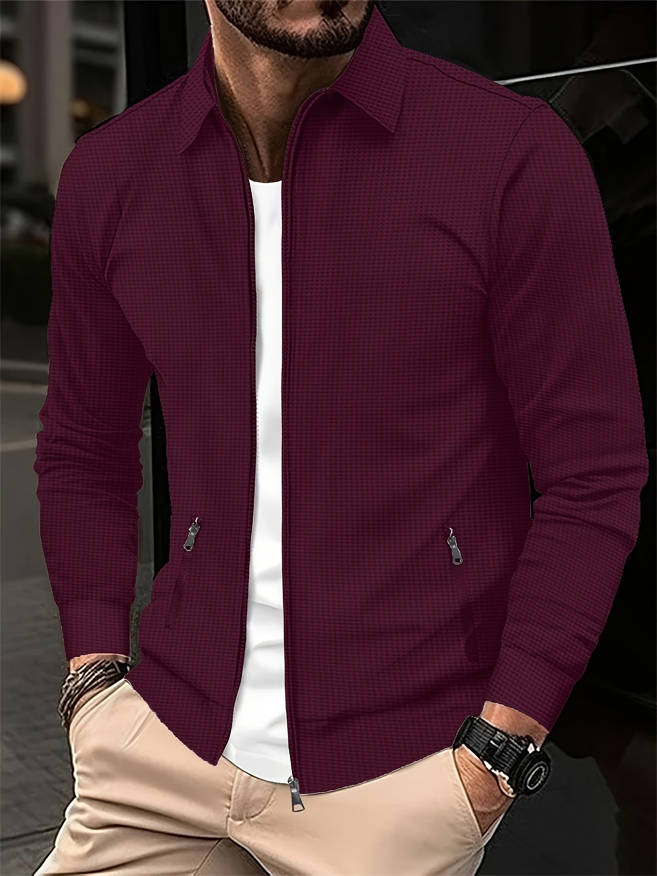 Men'S Lightweight Waffle Knit Long Sleeve Zip-Up Jacket - Breathable Golf & Running Top with Pockets, Casual Sporty Design for Outdoor Activities, Spring/Fall, Golf Jacket, Active Lifestyle Apparel, Classic Collar Style, Dura