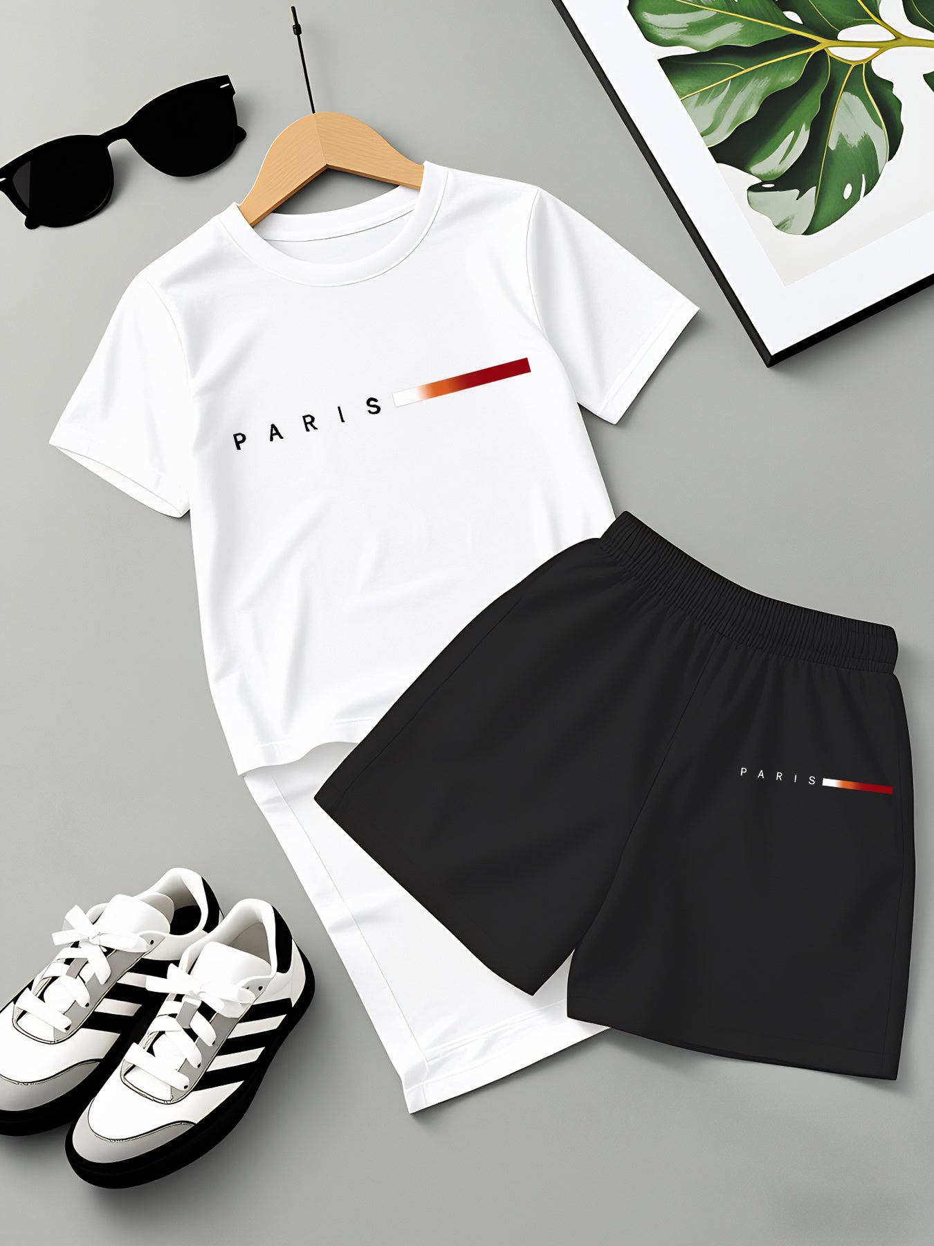 Boys' Summer Casual Striped T-Shirt & Shorts Set, Lightweight Polyeste