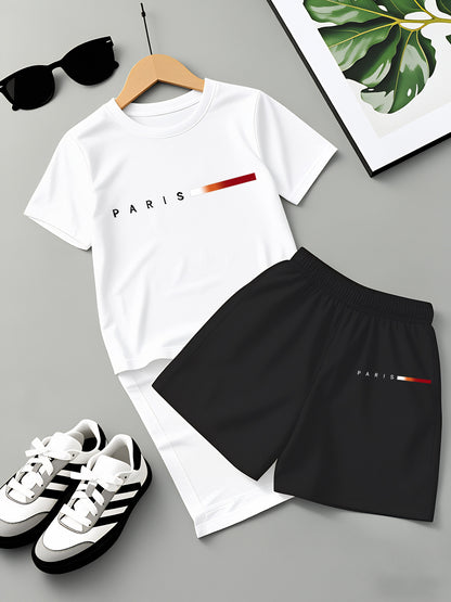 Boys' Summer Casual Striped T-Shirt & Shorts Set, Lightweight Polyeste