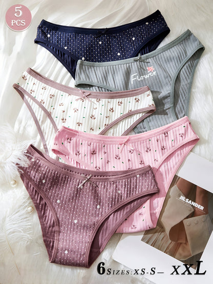 5-Pack Elegant Ribbed Cotton Women's Mid-Rise Briefs with Bow