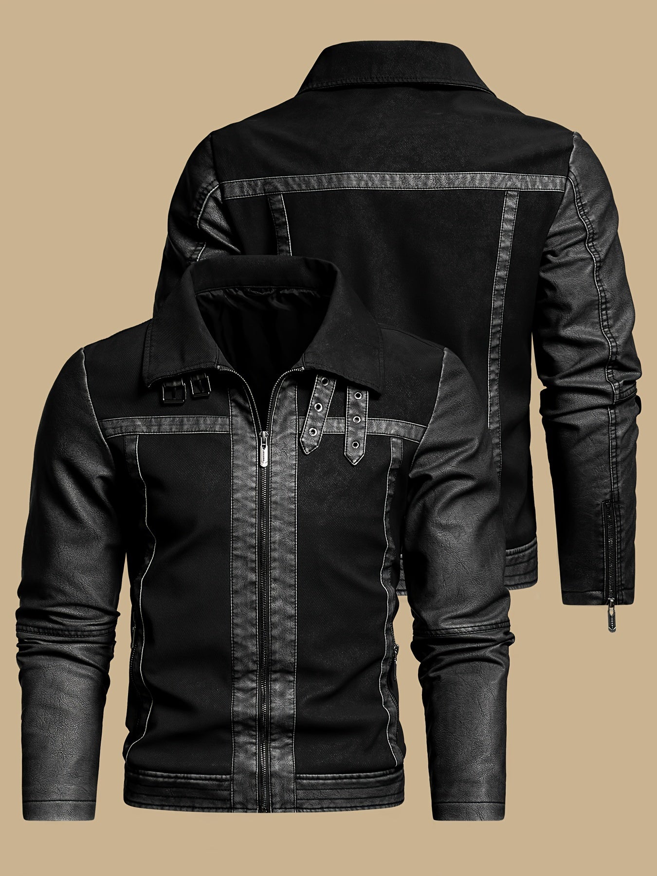 Men's Vintage PU Leather Biker Jacket with High Collar