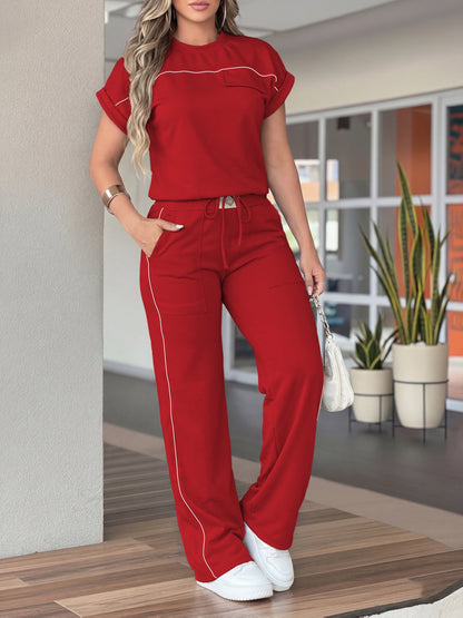 New Women'S Spring And Autumn Collection Featuring a Solid Color, Soft And Comfortable Round-Neck T-Shirt Paired with High-Waisted, Casual Straight-Leg Pants in a Two-Piece Set