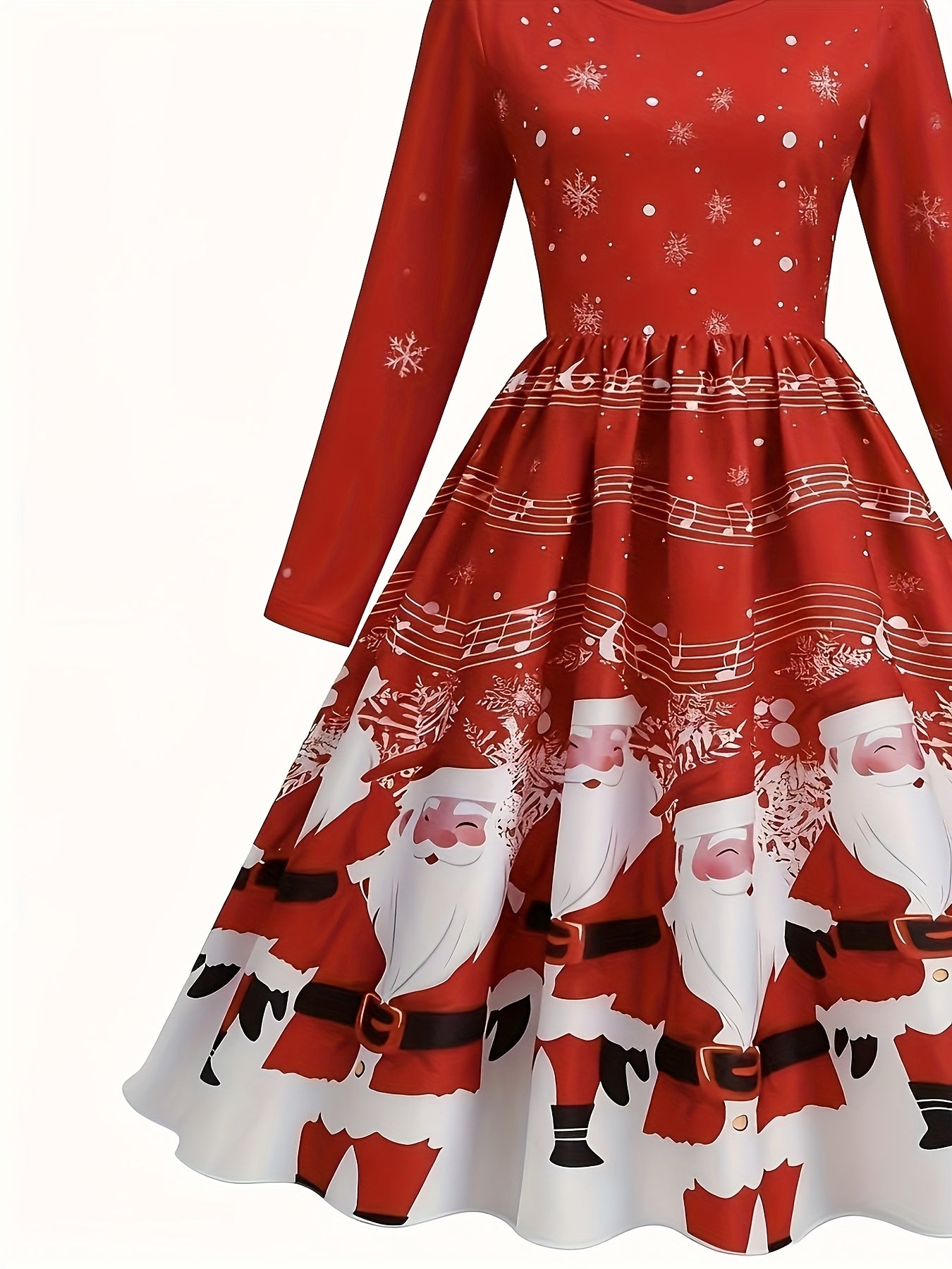 Elegant Christmas Santa Red Comfortable Zippered Long Dress | Draped, Crew Neck, Suitable for Fall/Winter.