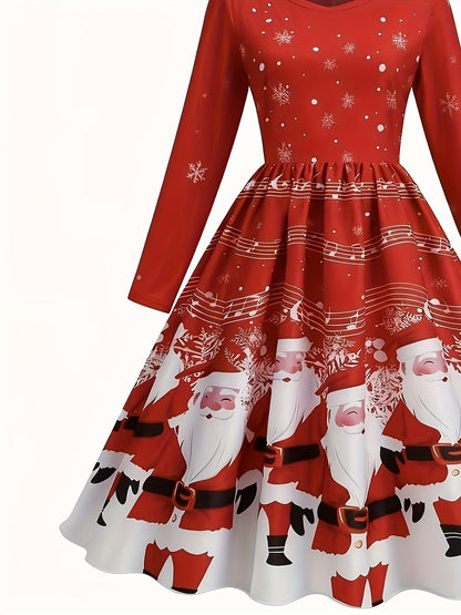 Elegant Christmas Santa Red Comfortable Zippered Long Dress | Draped, Crew Neck, Suitable for Fall/Winter.