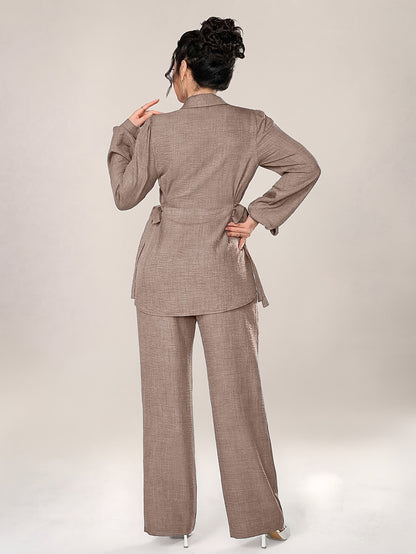 Women's Two-Piece Set with Front Buckle Long Sleeve Casual Top and Trousers