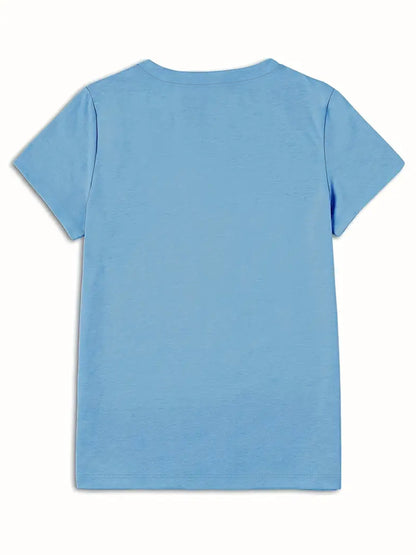 Women's Light Blue Yellow Rose Print T-Shirt - Short Sleeve Crew Neck Casual Top with Medium Stretch, Machine Washable & Breathable Fabric for All-Season Comfort, Relaxed Style, Graphic Tee, Stretchy Material, Printed Shirt,