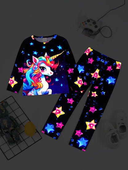Girls' Unicorn Print Long-Sleeve Base Layer Set, Cozy Knit