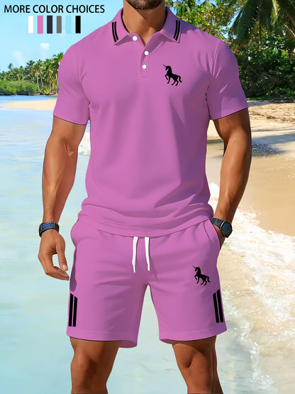 Men's Outdoor Fitness Polo Set with Lapel Collar and Shorts