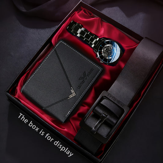 3pcs Men's Elegant Business Steel Strap Watch + Minimalist Lightweight Wallet and Belt Set, Surprise Gift for Him for Christmas, Valentine's Day, Birthday