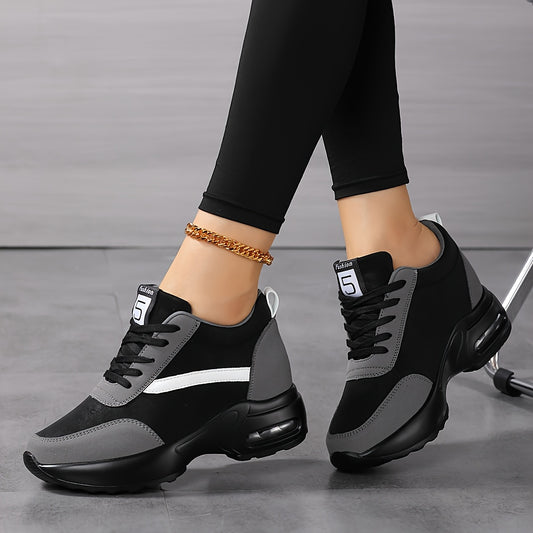Women's Chunky Platform Casual Sneakers with Thick Cushioned Sole, Breathable Fabric Lining  Synthetic Cover Upper - Black  Grey Lace-Up Shoes for All-Season Comfort