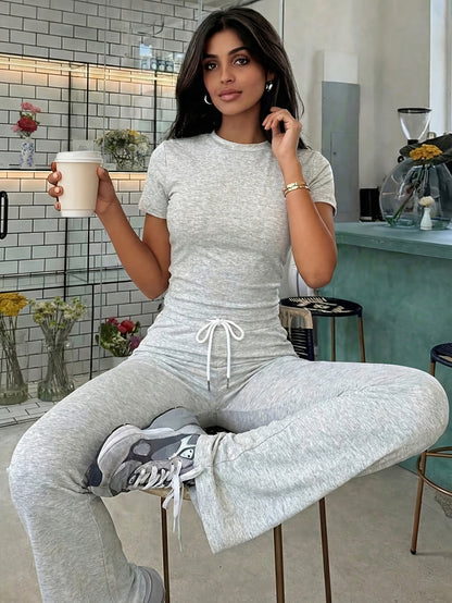 Women's Spring Summer Cropped Short Sleeve Top & Flared Pants Set