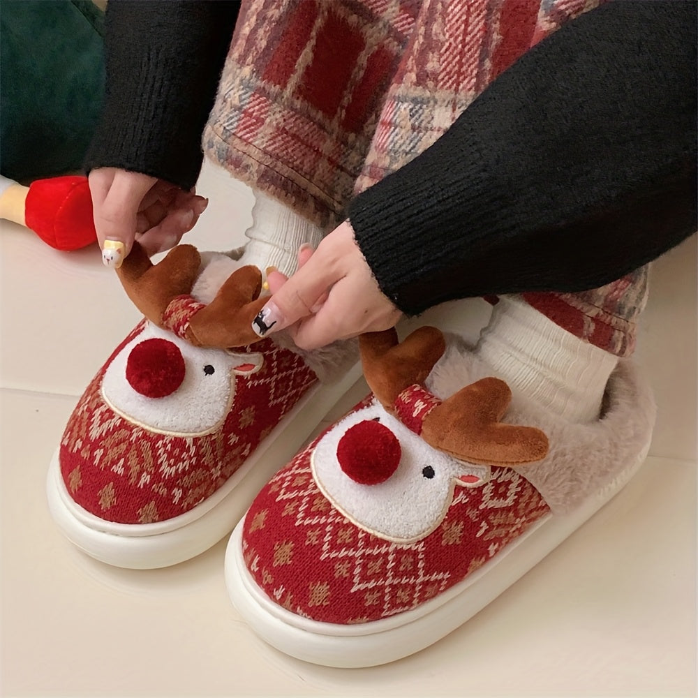 XIXITIAO Women's /Korean Style Winter Slippers - Deer & Reindeer Pattern Cozy Warm Booties, Soft Fabric & Sole for Indoor/Outdoor Use, Cute Animal Shoe for Christmas, Hand Washable