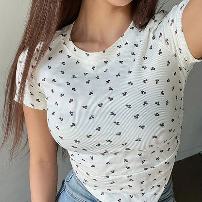 Women's Fruit and Vegetable Print Short Sleeve T-Shirt, Round Neck, Polyester Spandex Blend, Machine Washable - All Seasons