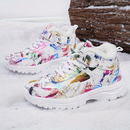 Women'S Plush Winter Snow Boots - Thick Cushioned Mid-Heel, Round Toe & Closure, Vibrant Floral Pattern, Warm Fleece Lining, Perfect for Casual & Formal Occasions, Snow Boots for Women, Formal Footwear, Decorative Pattern Foo