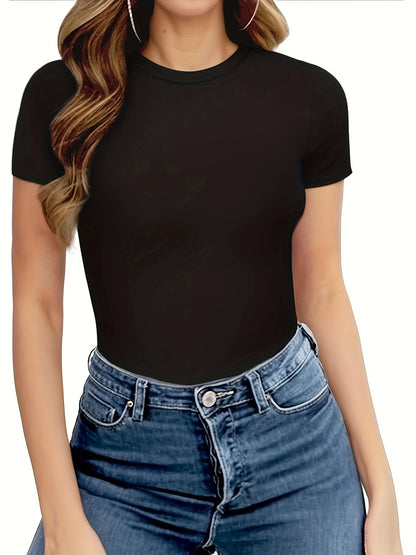 Women's Slim Fit Short Sleeve Bodysuit - Soft Stretch Round Neck, Black Solid Color, Smooth Polyester-Spandex Blend, All-Season Comfort Jumpsuit