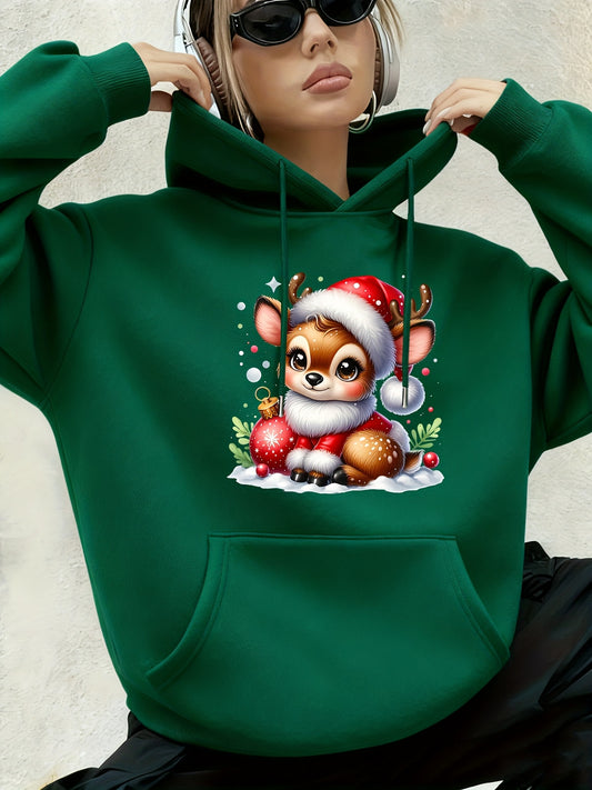 Women's Hooded Sweatshirt, Christmas Fashion Loose Elegant Long Sleeve Drawstring Hoodie, Atmospheric Print Red/Dark Green/Tender Pink/Violet Hooded Sweatshirt, Holiday Gift, Women's Clothing