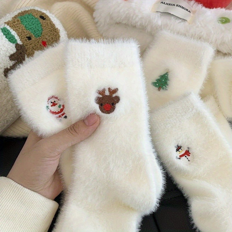 1 Pair Women's Cozy Furry Winter Thermal Socks - Thick Warm Plush Polyester with Festive Snowman, Gingerbread & Reindeer Embellishments, Soft Round Toe & Heel, Hand Wash Only - Christmas & New Year's Party Socks for Cold Weat