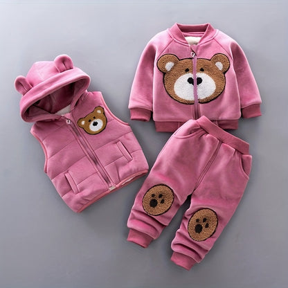 3pcs Boys & Girls Winter Warm Hooded Bear Set - Thick Bear Head Vest, Matching Pants & Hoodie, Cozy 3pcs Outfit for Outdoor Play, Casual Wear (Easy-Care Baby Clothes, Hand/Dry Clean), Perfect for Outdoor