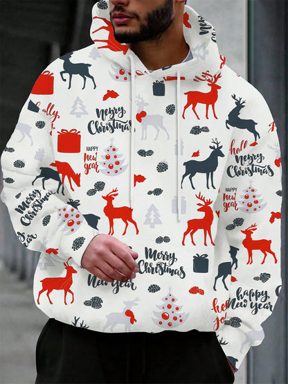 Men'S Christmas Hoodie - Red & Black Holiday Sweatshirt with Merry Christmas Text, Hooded Pullover for Christmas Party Outfit, Casual Winter Clothing - Festive Casual Attire, Christmas Clothes, Seasonal Fashion, Geometric Pri