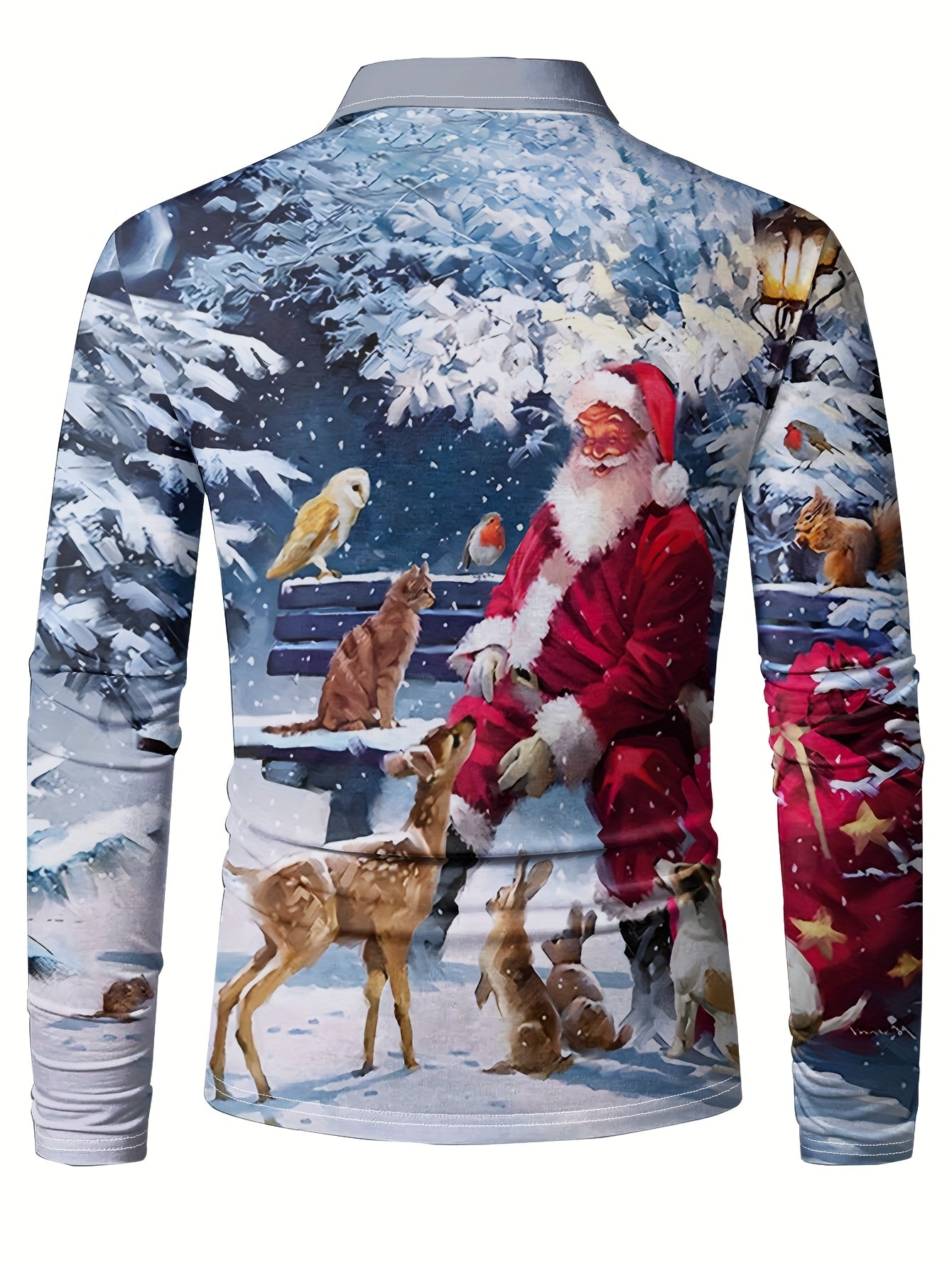 Men'S Long Sleeve Polo Shirt with 3D Santa Claus & Snowman Print - Festive Christmas Design, Button-Up Collar, Regular Fit, Perfect for All Adults & Teens, Casual Holiday Wear, Christmas Shirts, Z
