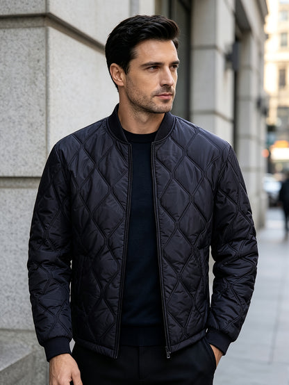 Men's Casual Black Diamond-Pattern Padded Jacket with Baseball Collar