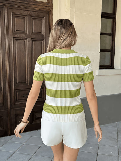 Women’s Retro V-Neck Striped Bodycon Top with Tailored Waist