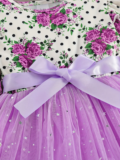 COVIVIKY Girls' Elegant Long Sleeve Party Dress with Puff Skirt & Sheer Panel - Knee-Length A-Line Wedding Prom Dress, Belted Waist Bow & Netting Trim, Hand Washable Winter Formal Gown for Girls (Age 4-12)