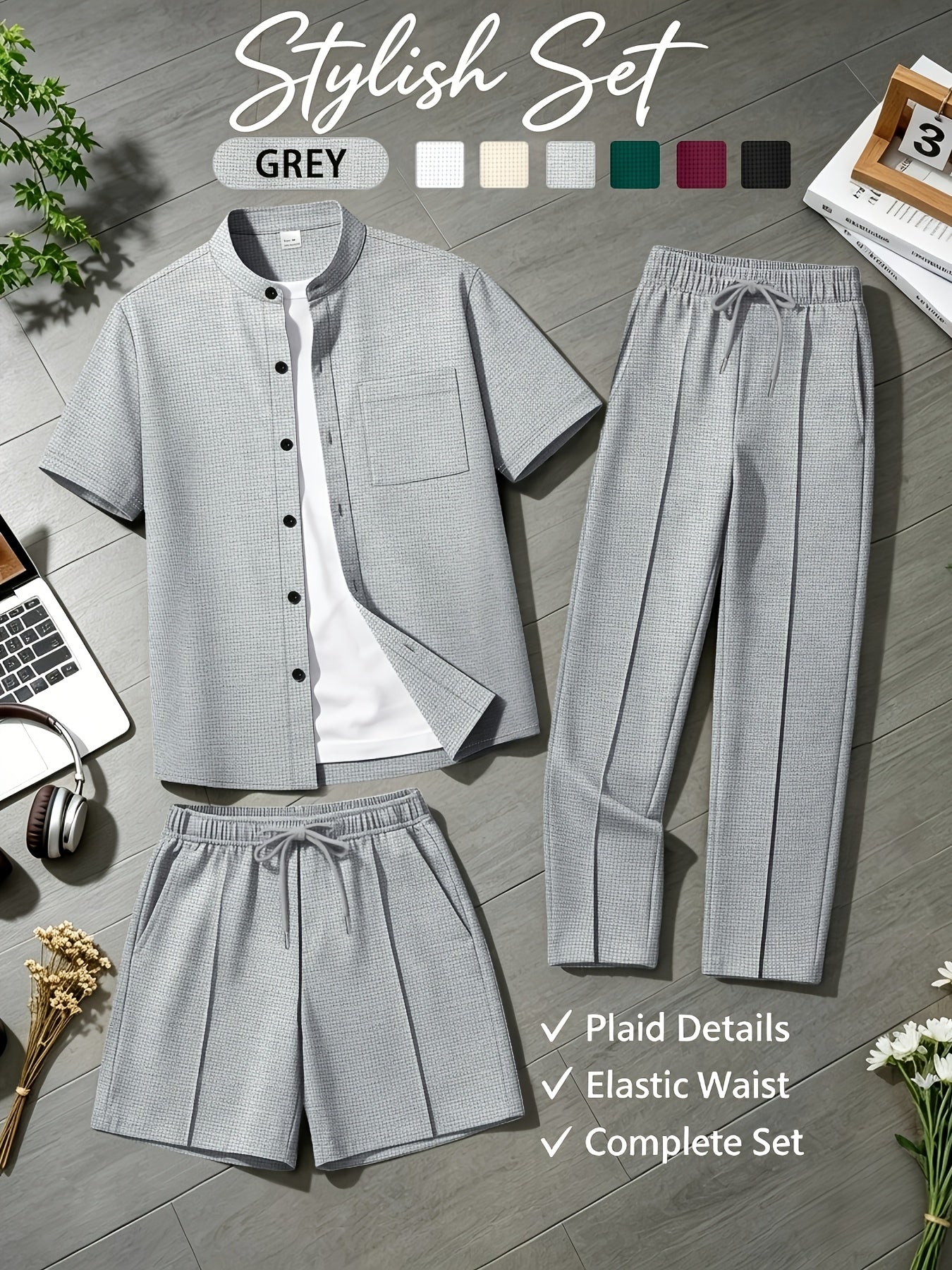 Men's Summer Waffle Knit 3-in-1 Set with Shorts and Pants