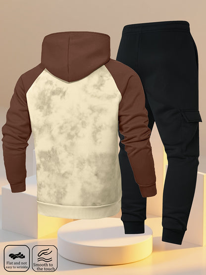 New Trendy Fashion Raglan Sleeve Colorblock Hoodie and Loose Cuffed Drawstring Cargo Pants with Multiple Pockets, Casual Daily Comfortable Versatile Breathable Hooded Sweatshirt and Loose Long Pants 2pcs Set with Stylish Prin