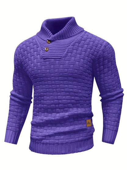 Men's Casual Waffle Pattern High Stretch Sweater, Chic Mature Pullover Sweater For Fall Winter