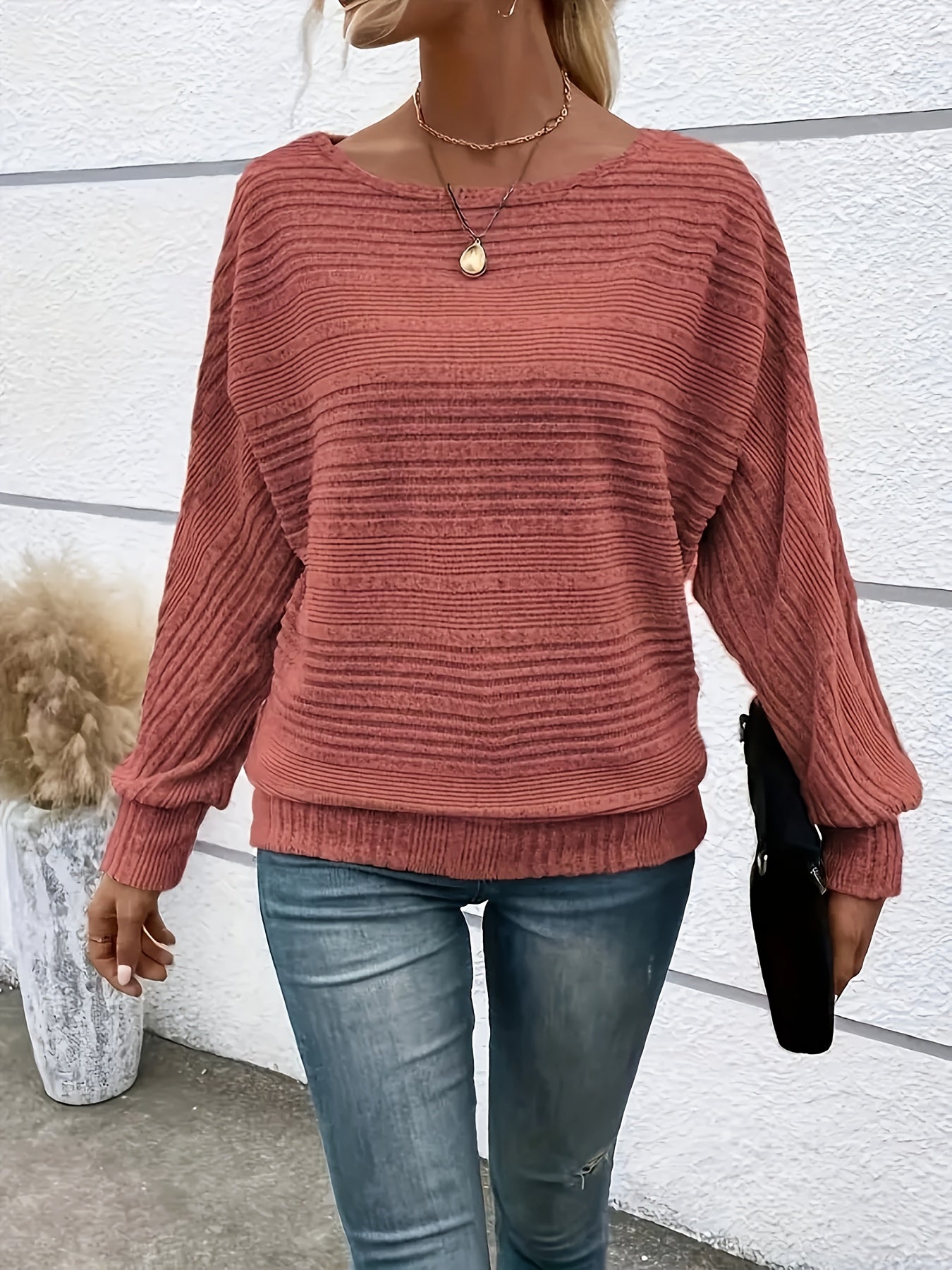 1 հատ Women'S Casual Crew Neck Knit T-shirt - պոլիեսթեր պինդ գույնի երկարաթև վերնաշապիկ գարնան/աշունի համար
