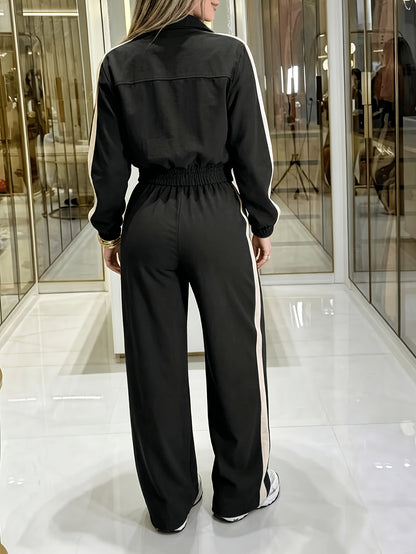 Women's Casual Polyester Set: Long-Sleeve Jacket & Straight Trousers