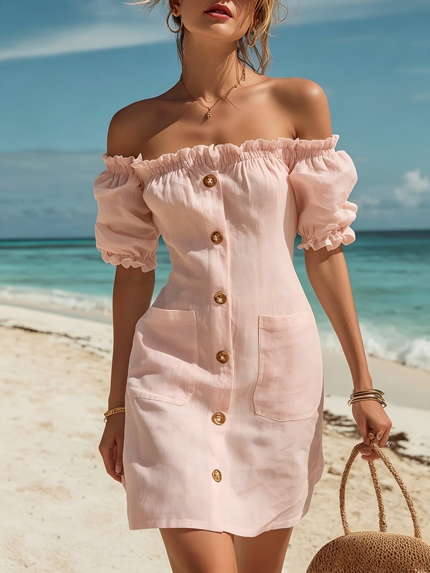 Women's Linen Off-Shoulder Ruffle Hem Mini Dress for Spring