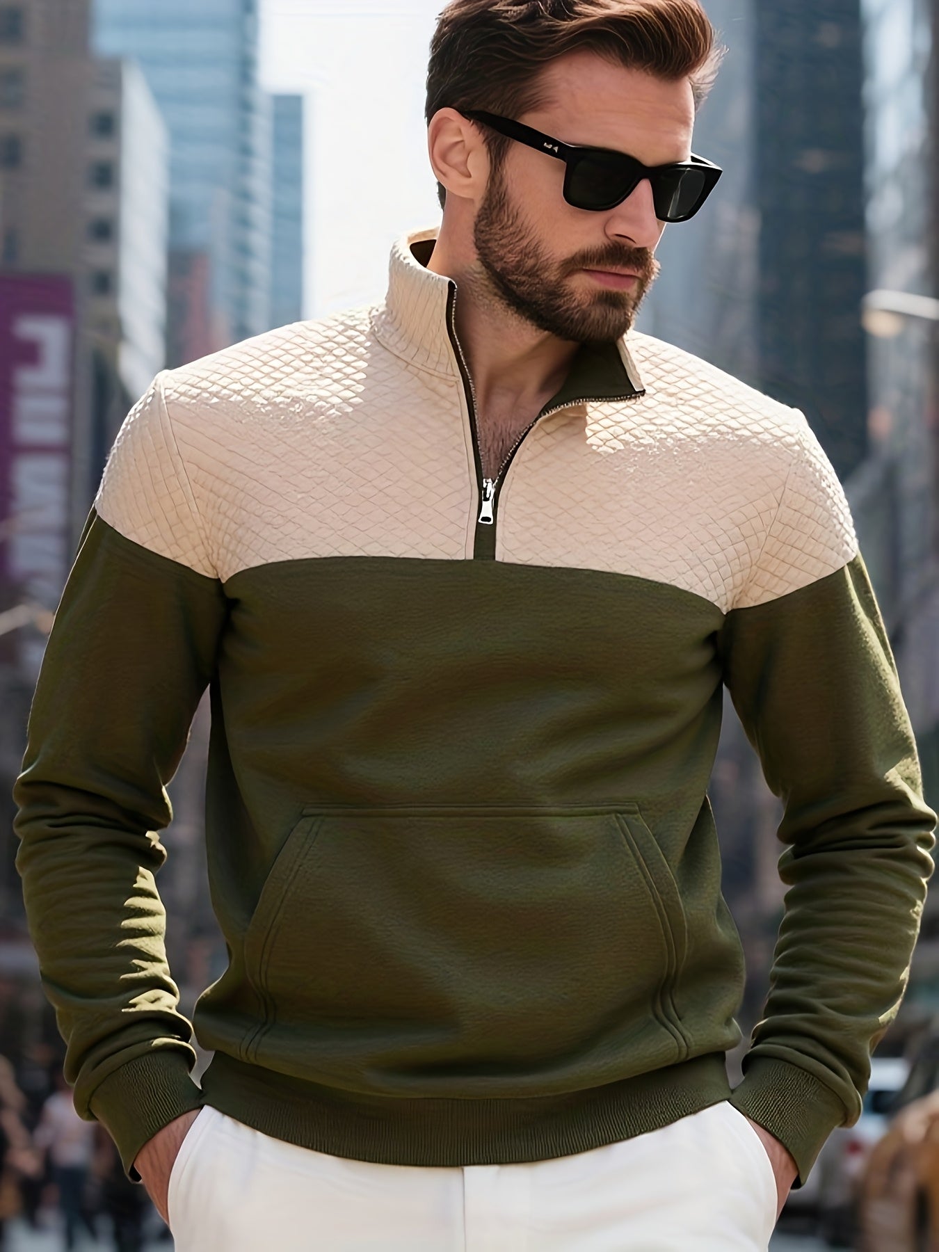 Men's Casual Half-Zip Color Block Sweatshirt with Kangaroo Pocket - ayq