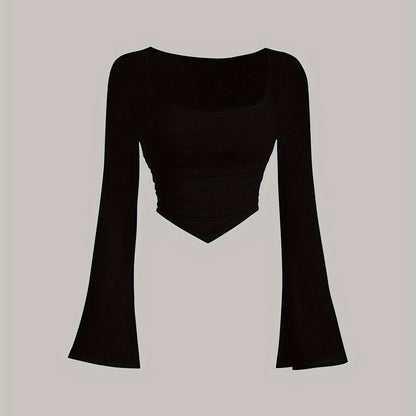 Women'S Elegant Square Neck Solid Color T-Shirt, Polyester Knit Fabric, Short Length, Stretchy Slim Fit, Spring/Fall Fashion Top