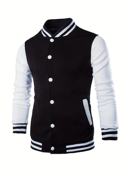 Տղամարդու ամենօրյա բեյսբոլի բաճկոն - ոճային սև՝ սպիտակ շերտերով, կոճակներով, երկար թևքերով, իդեալական է գարնան և աշնան համար, ամենօրյա հագուստ, ամենօրյա հագուստ | Բեյսբոլի բաճկոն | Constructio