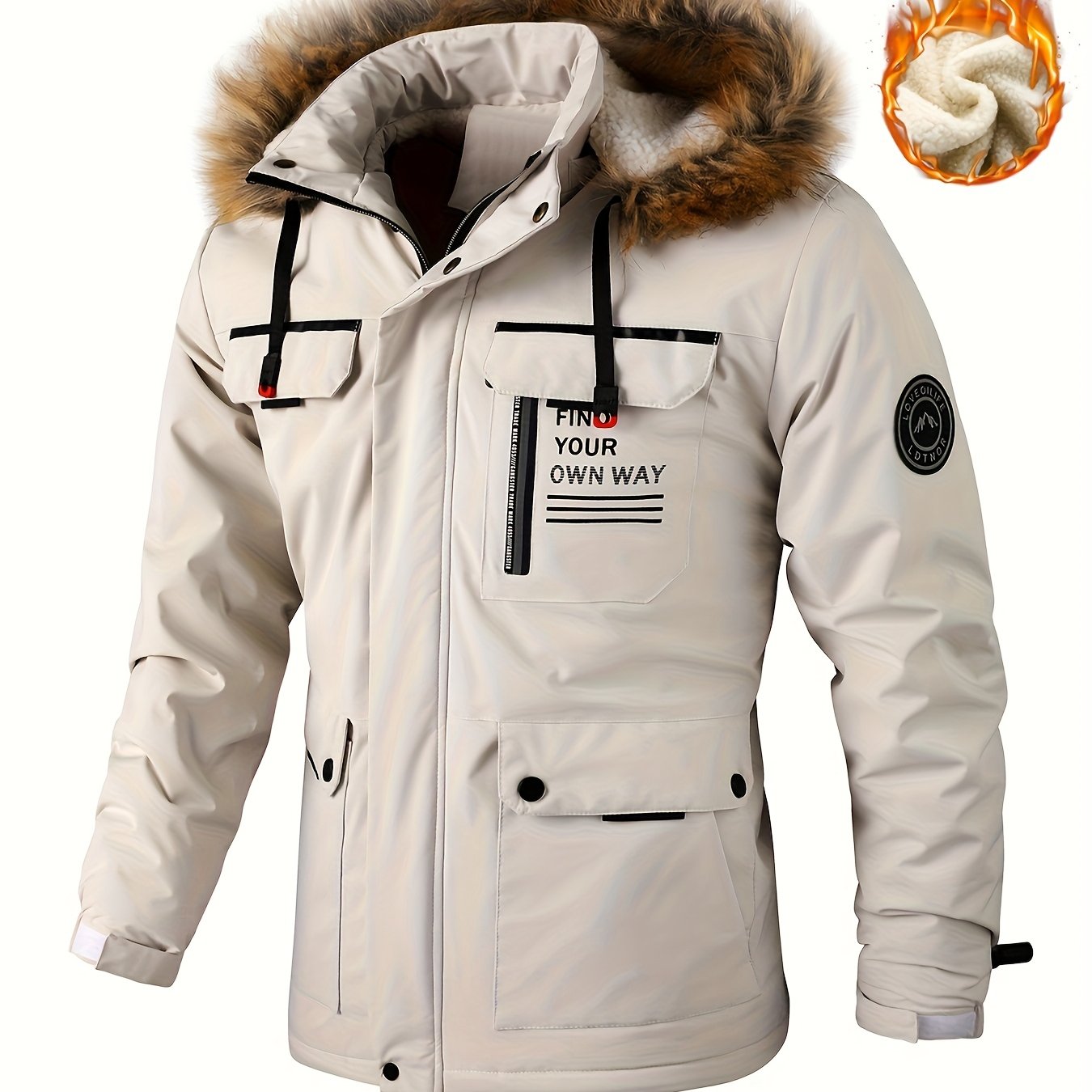 Men'S Heavy-Duty Winter Jacket with Fur-like Hood Collar - Thermal Insulated Cold Weather Coat, Full-Zip Front, Zippered Pockets - Beige/ for Everyday & Formal Outfits - Non-Stretch Outer Shell, Outdoor Outerwear, Casual Styl