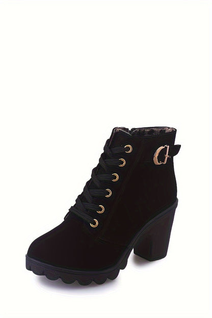 Women's Block Heeled Short Boots, Casual Lace Up Side Zipper Boots, Comfortable Ankle Boots