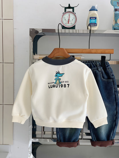 Boys' Soft Fleece-Lined Shirt - Casual, Stylish White with Black Collar and Cartoon Letter Print, Long Sleeve, Cotton Blend for Fall/Winter
