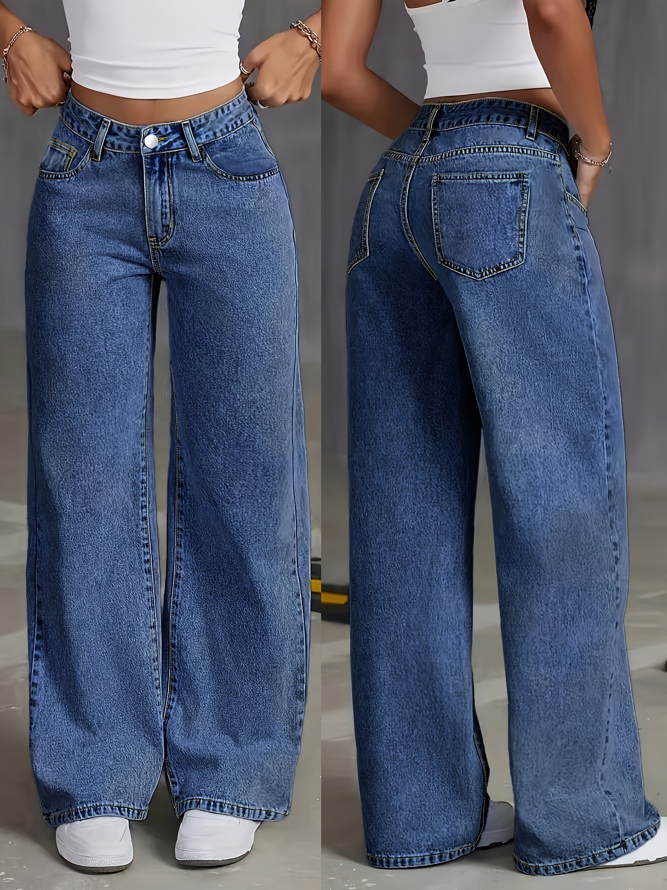 Women'S Plus Size High-Waisted Denim Jeans, Street Style Solid Color, Medium Stretch Washed Fabric, All-Season Oversized Casual Pants with Zipper Fly Closure, 59.8%, 38.4% Polyester, 1.8% Elastane, 264g/m²