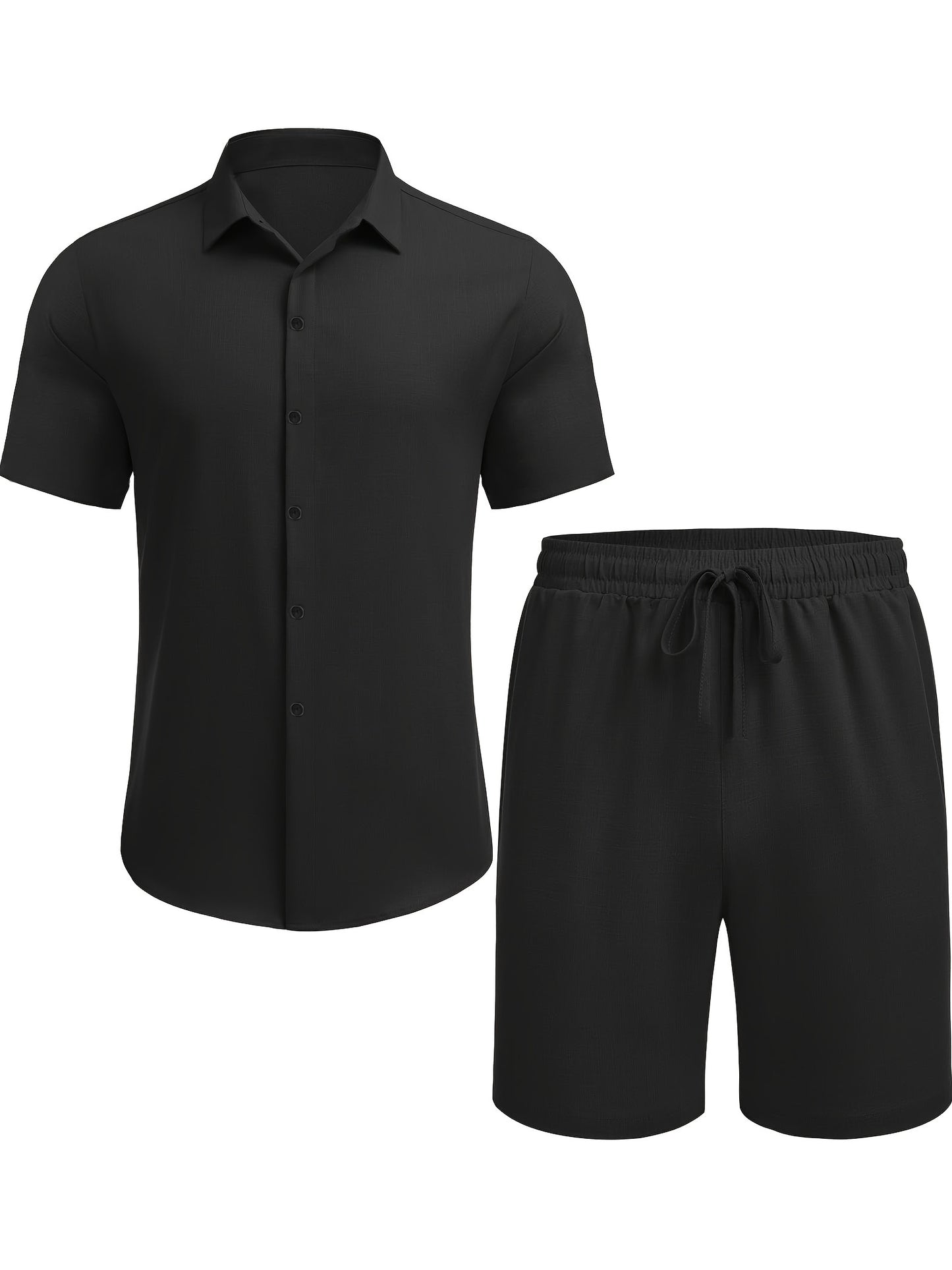 Men'S 2pcs Summer Beach Set, Cotton Linen Blend, Casual Short Sleeve Button- Shirt and Shorts, Solid Color, Lapel Collar, Non-Stretch Fabric, Regular Fit, Woven, 160g/m² - Loungewear Outfit