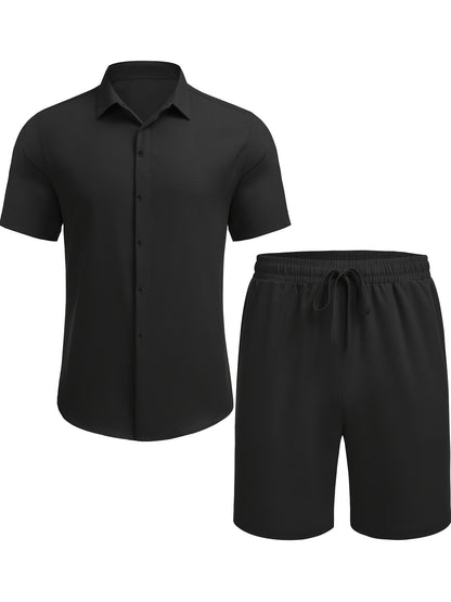 Men'S 2pcs Summer Beach Set, Cotton Linen Blend, Casual Short Sleeve Button- Shirt and Shorts, Solid Color, Lapel Collar, Non-Stretch Fabric, Regular Fit, Woven, 160g/m² - Loungewear Outfit