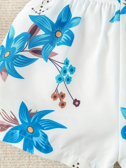 Girls' Shorts Set Two-piece Set Summer Casual Vacation Style Romantic Floral Print Shorts Set Girls' Summer Cool Off-the-Shoulder Strap Top + White Print Shorts Two-piece Set