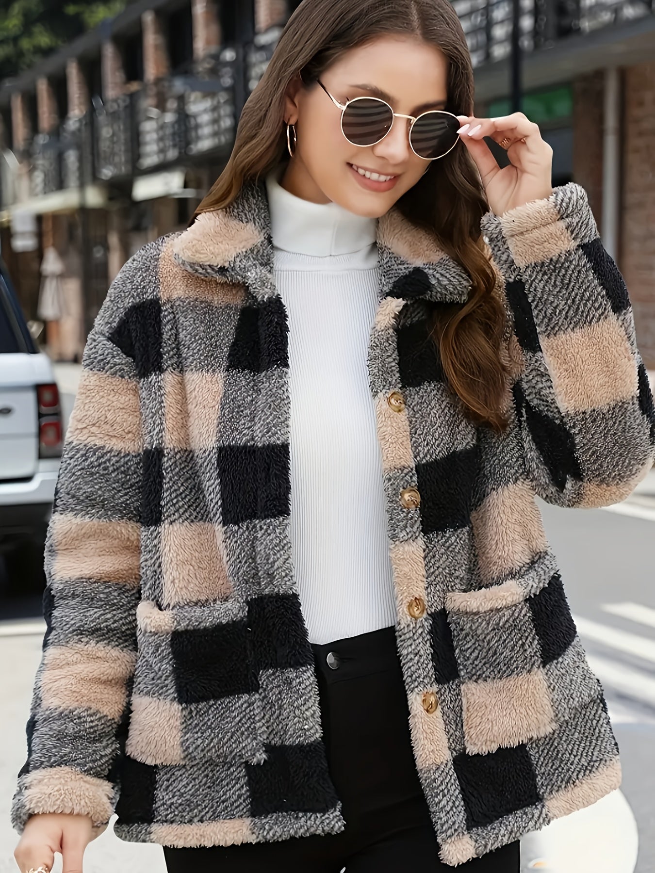 Women'S Plaid Jacket - Soft Brown/Black/Beige/White/Gray/ - Button-Front Closure, Structured Fit for Fall/Winter - Everyday & Formal Outfits - Cozy Outerwear for Women, Casual Wear, Classic Turndown Collar, Durable Fabric, Se
