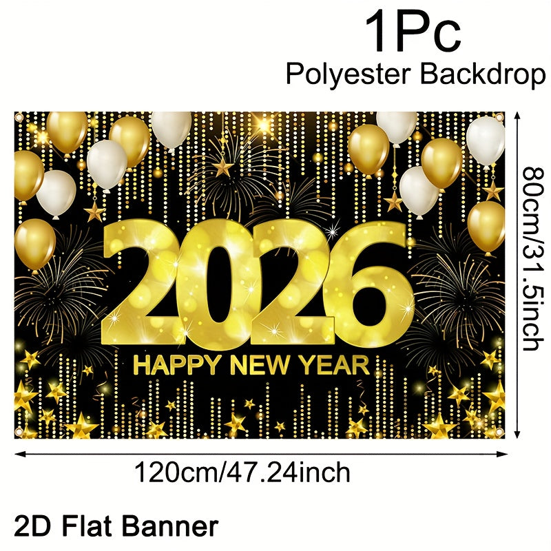 2D Flat, 1pc 2026 Happy New Year Party Backdrop Banner - 80x120cm Polyester Champagne & Cityscape Design, Golden & Purple Fireworks, Festive New Year'S Eve Decor for Home, No Electricity Needed, New Year Decorations, Flag For