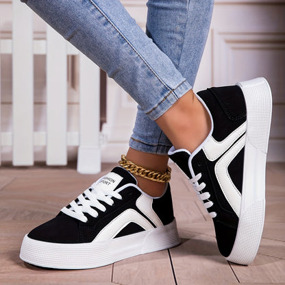 Preppy Style Women's Low Top Fashion Sneakers - Solid Color Casual Skate Shoes with Thick Sole, Breathable Streetwear, Non-Slip Lace-Up Sports Shoes with Fabric Interior & EVA Outsole