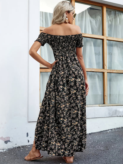 Floral Print Off Shoulder Dress, Elegant Short Sleeve Aline Dress For Spring & Summer, Women's Clothing