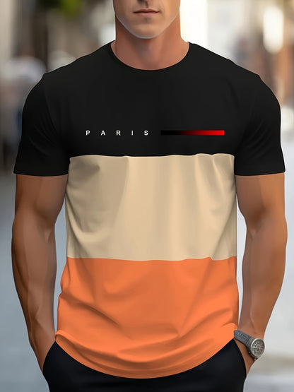 Men's Casual Crew Neck T-Shirt with Paris Print, Short Sleeve Knit Polyester Blend Top for Spring/Summer Outdoor Activities, Tee Shirts