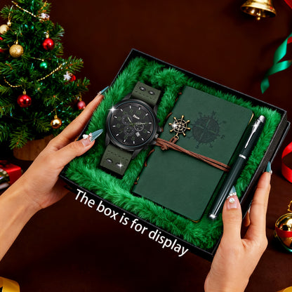 3pcs HIKUN Men's Military Green Watch & Notebook & Pen Gift Set - Military-Themed Analog Wristwatch with Quartz Movement, Pen for Outdoor, Journaling - Ideal for Christmas, Birthday Gifts for Him, Boyfriend, Dad (Durable Pen)